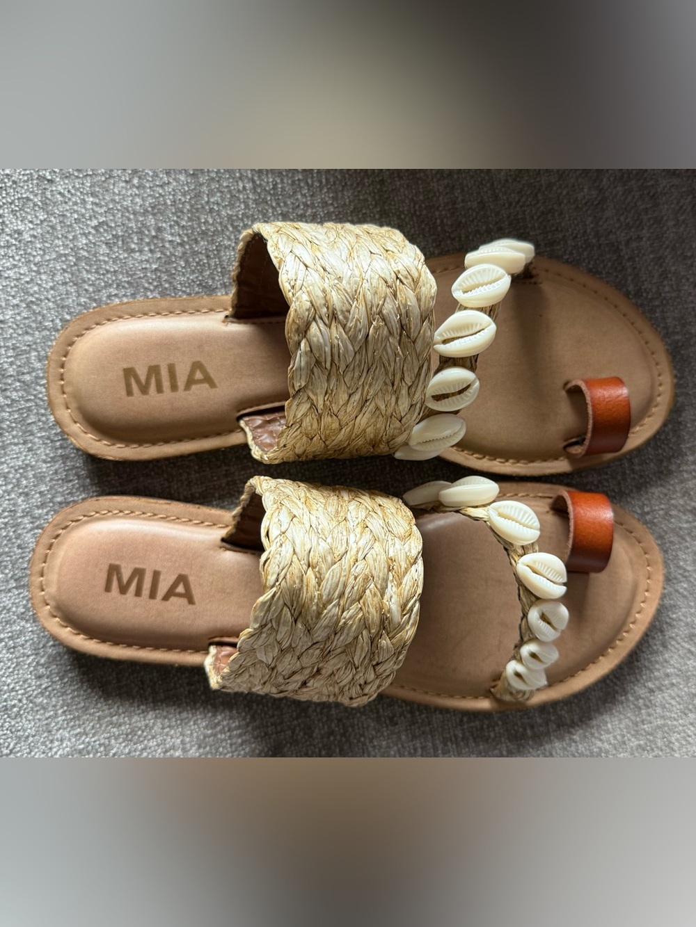 MIA Shell-Embellished Straw Slide Sandals - Natural/Tan